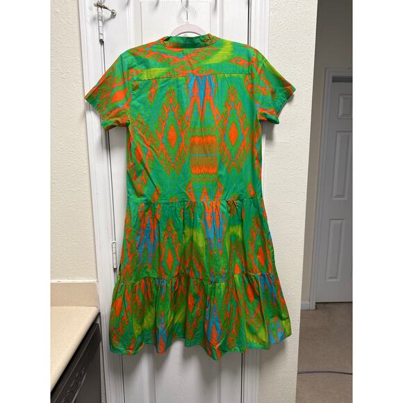 La Plage Alison Short Sleeve V-Neck Cotton Tiered Aztec Mini Dress Green Size S - Picture 3 of 6